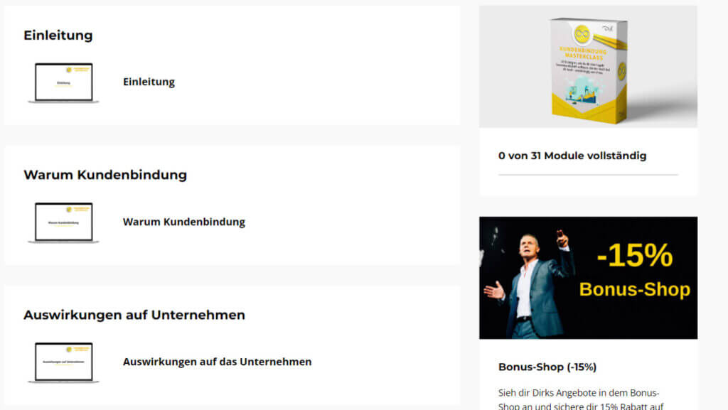 Inhalt von der Kundenbindung Masterclass Erfahrungen 