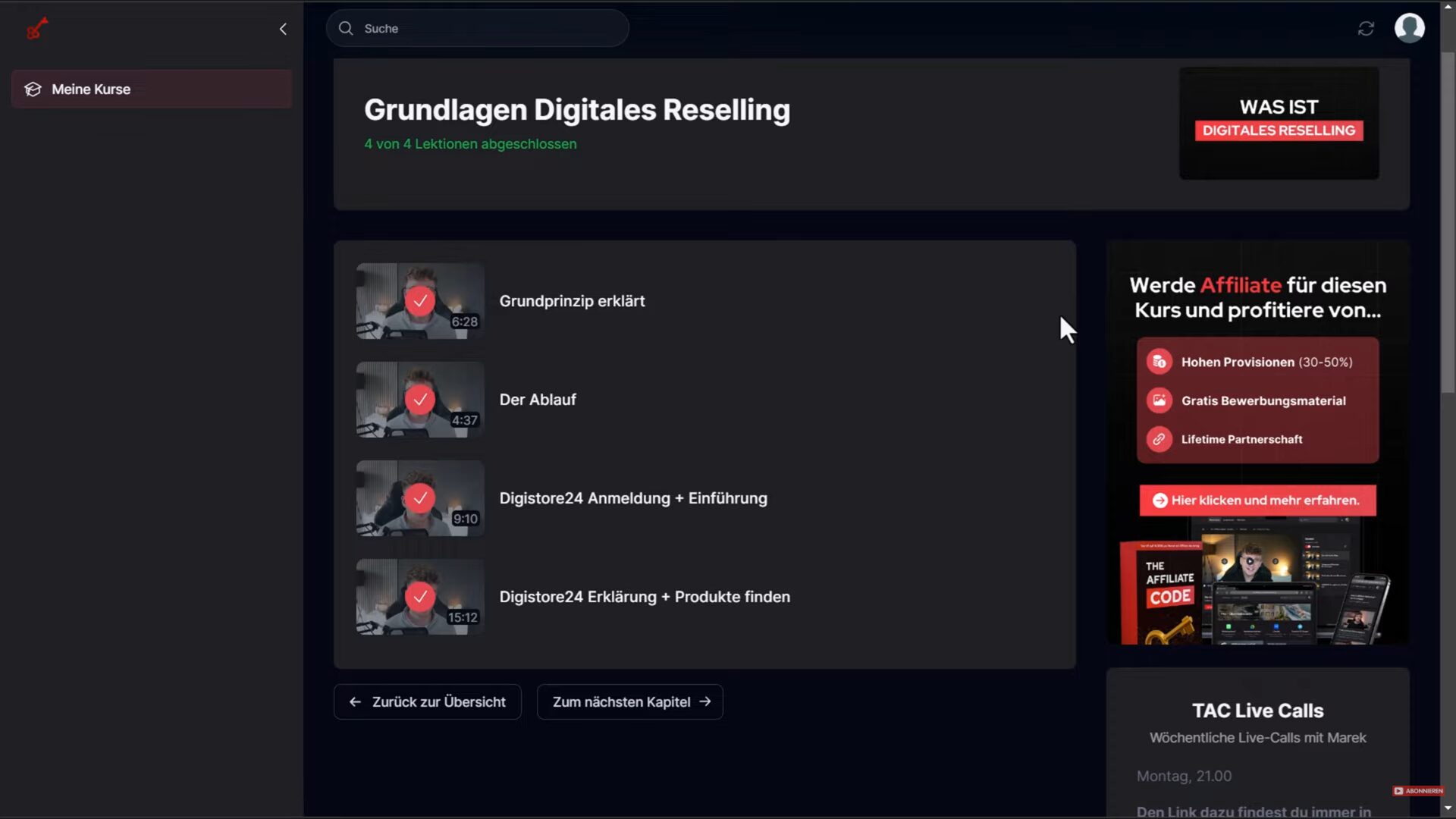 The Affiliate Code 3.0 Kurs Dashboard