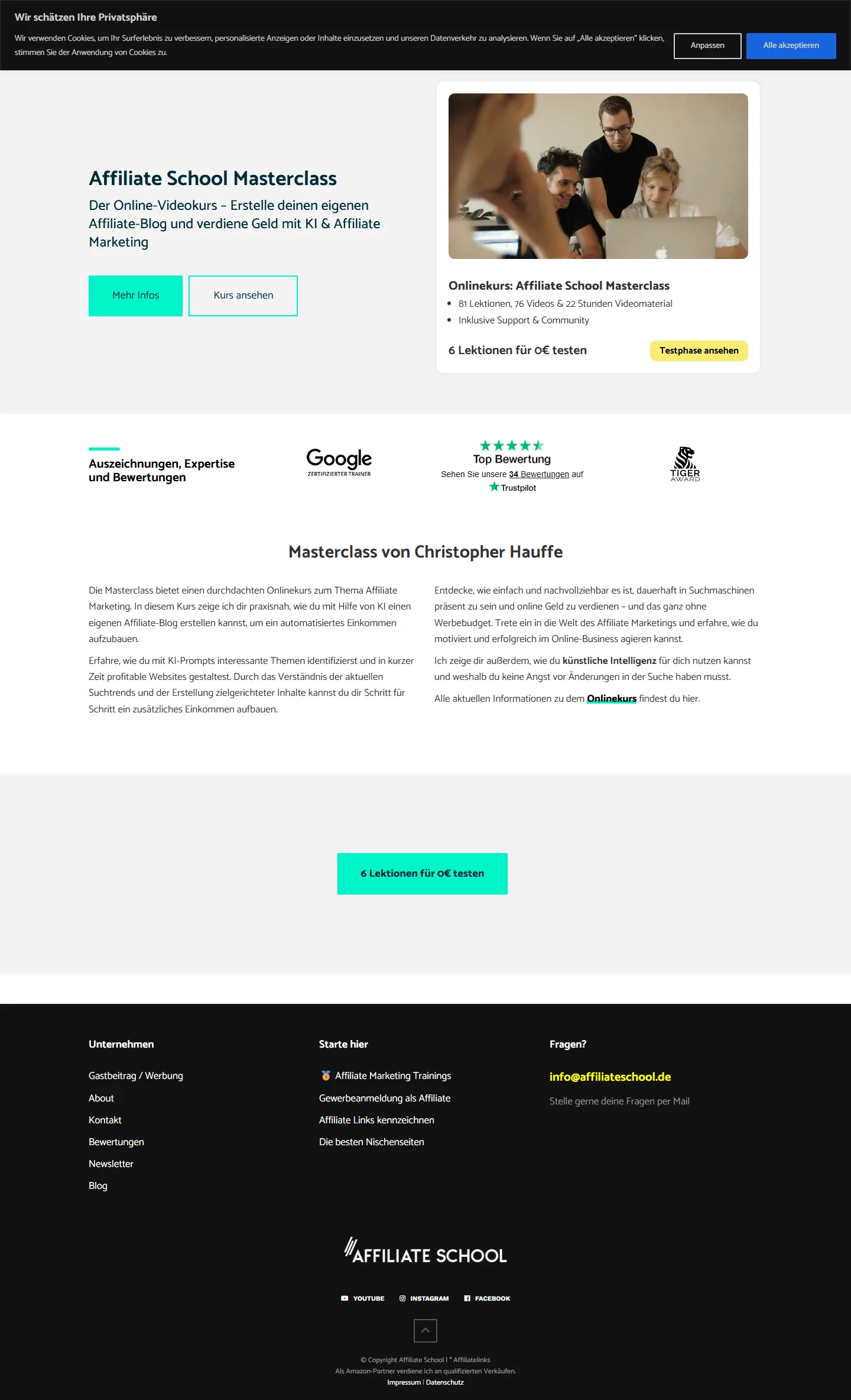 Affiliate School Masterclass Kursseite – affiliateschool.de