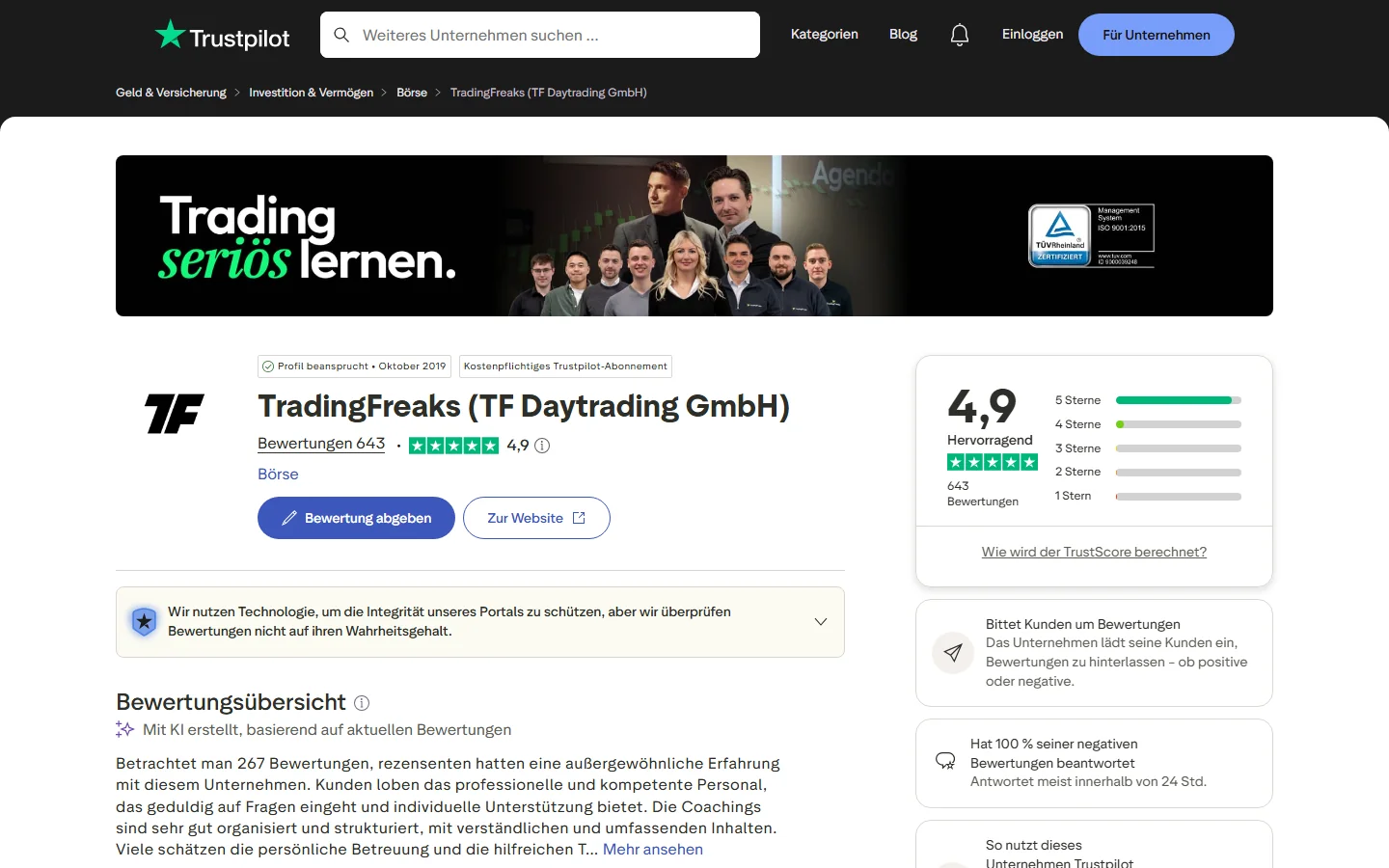 TradingFreaks Trustpilot Bewertungen Screenshot