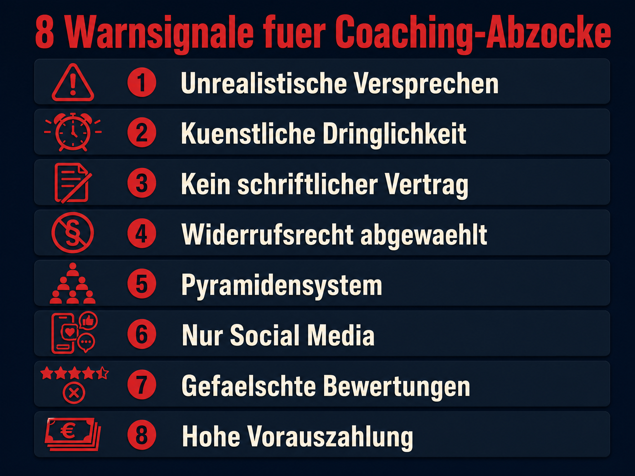 8 Warnsignale für Coaching-Abzocke – Übersicht