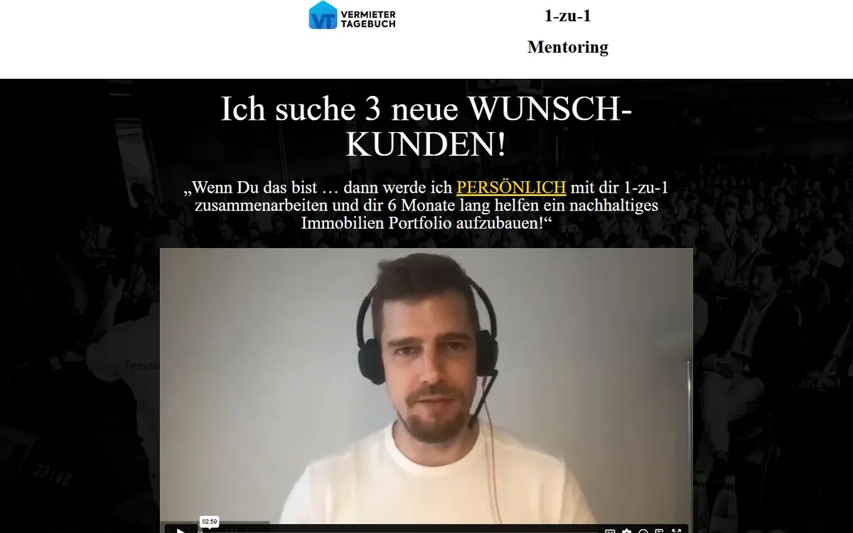 YouTube Akademie Erfahrungen 3 Alexander Raue Vermietertagebuch Mentoring – Screenshot der offiziellen Anmeldeseite 2026