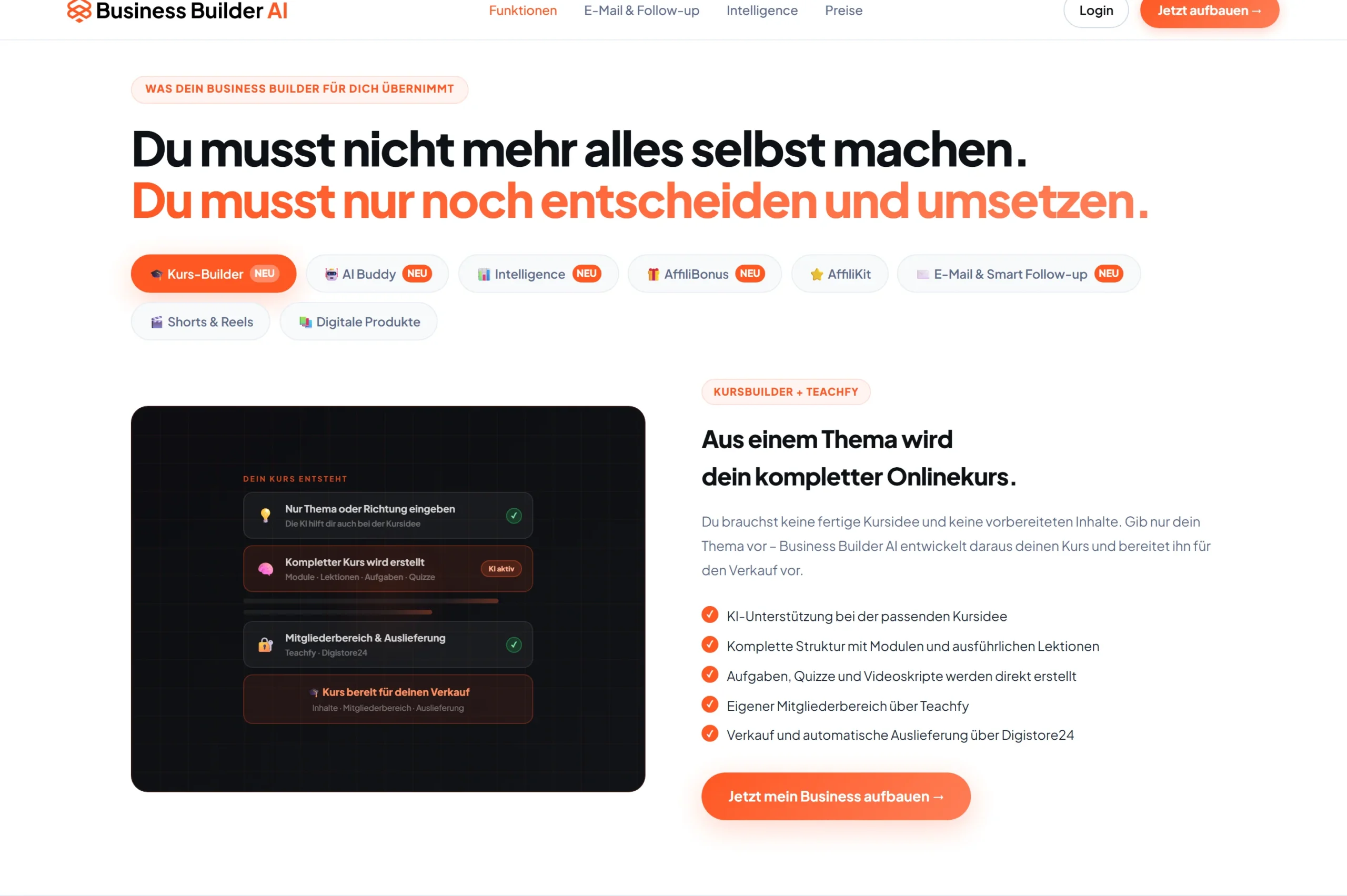 Business Builder AI Funktionsübersicht mit Kursbuilder – Screenshot