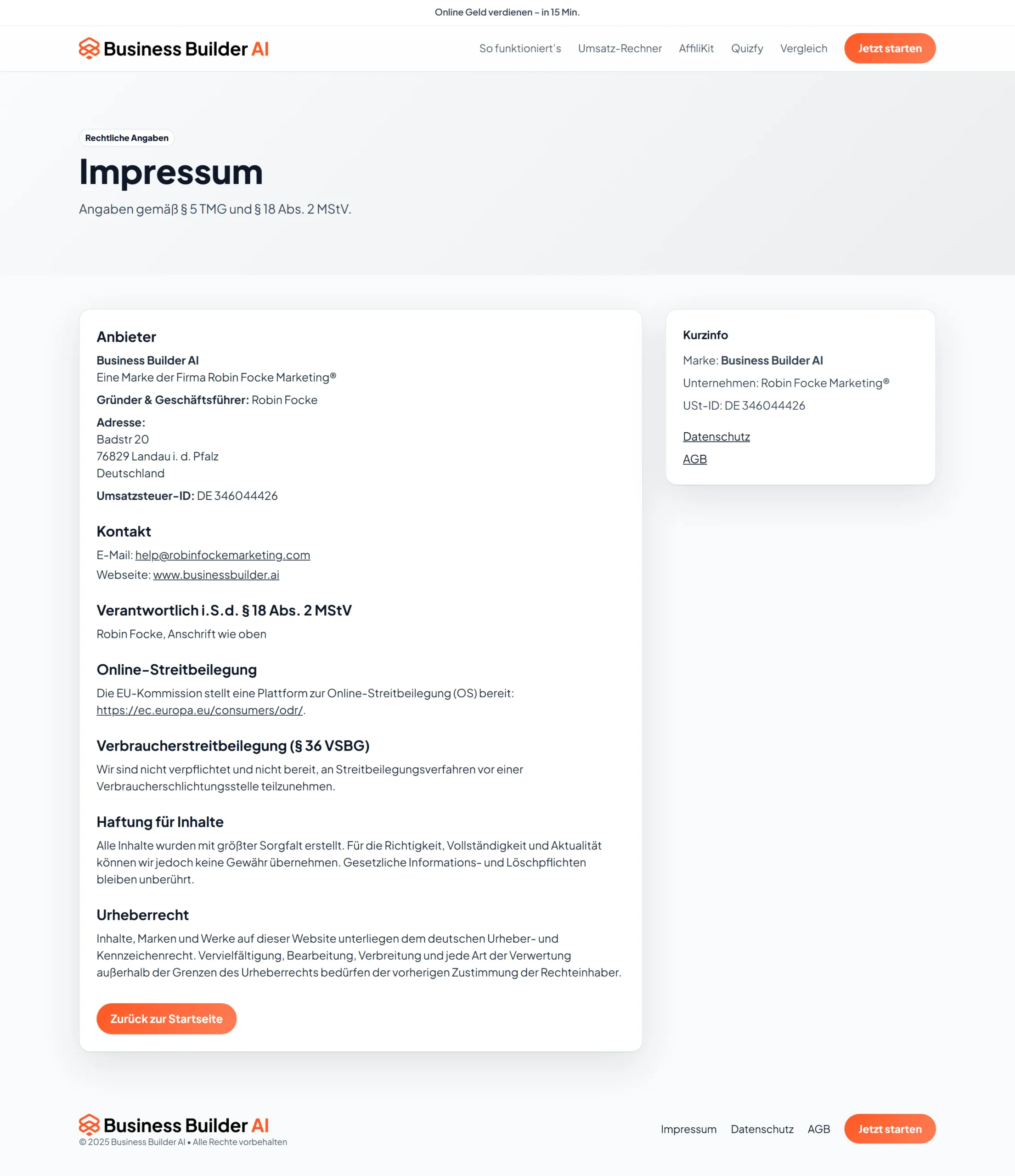 Impressum von Business Builder AI mit Firmendaten Robin Focke Marketing