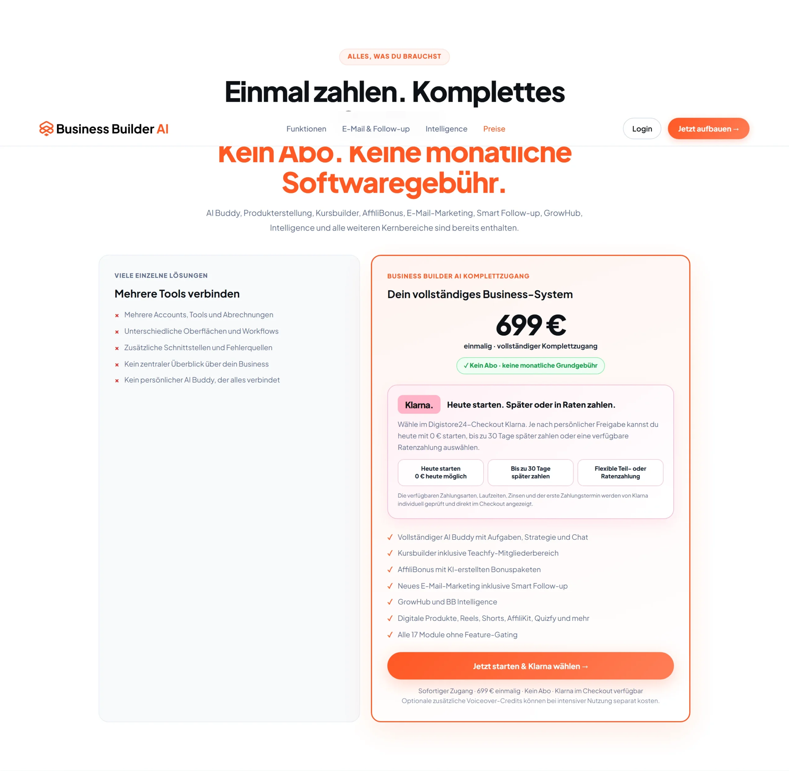 Business Builder AI Preis 699 Euro einmalig mit Klarna-Option – Screenshot
