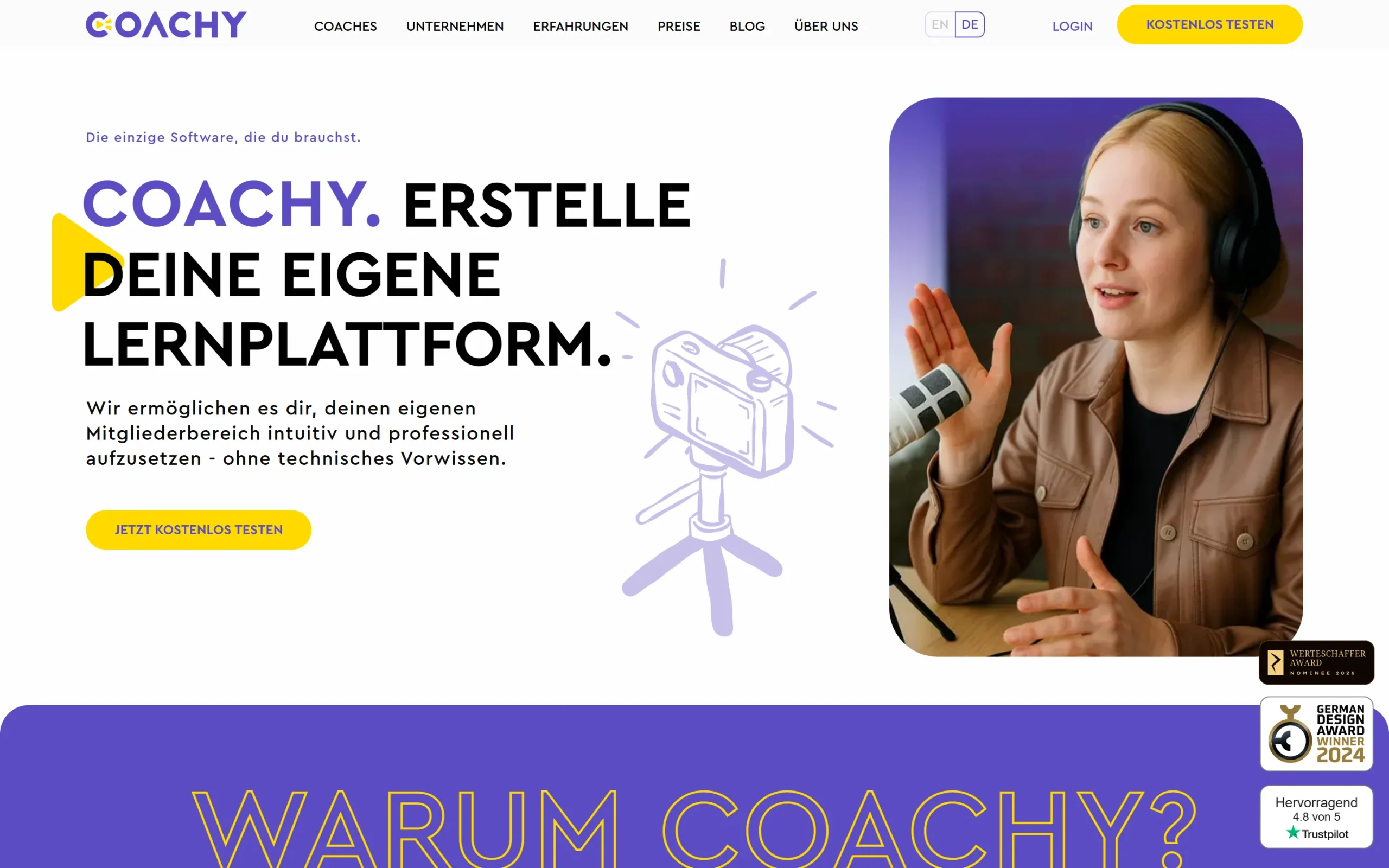 Coachy Erfahrungen 2026 – Screenshot der Startseite: Online-Kurs-Plattform und Mitgliederbereich für Coaches im DACH-Raum