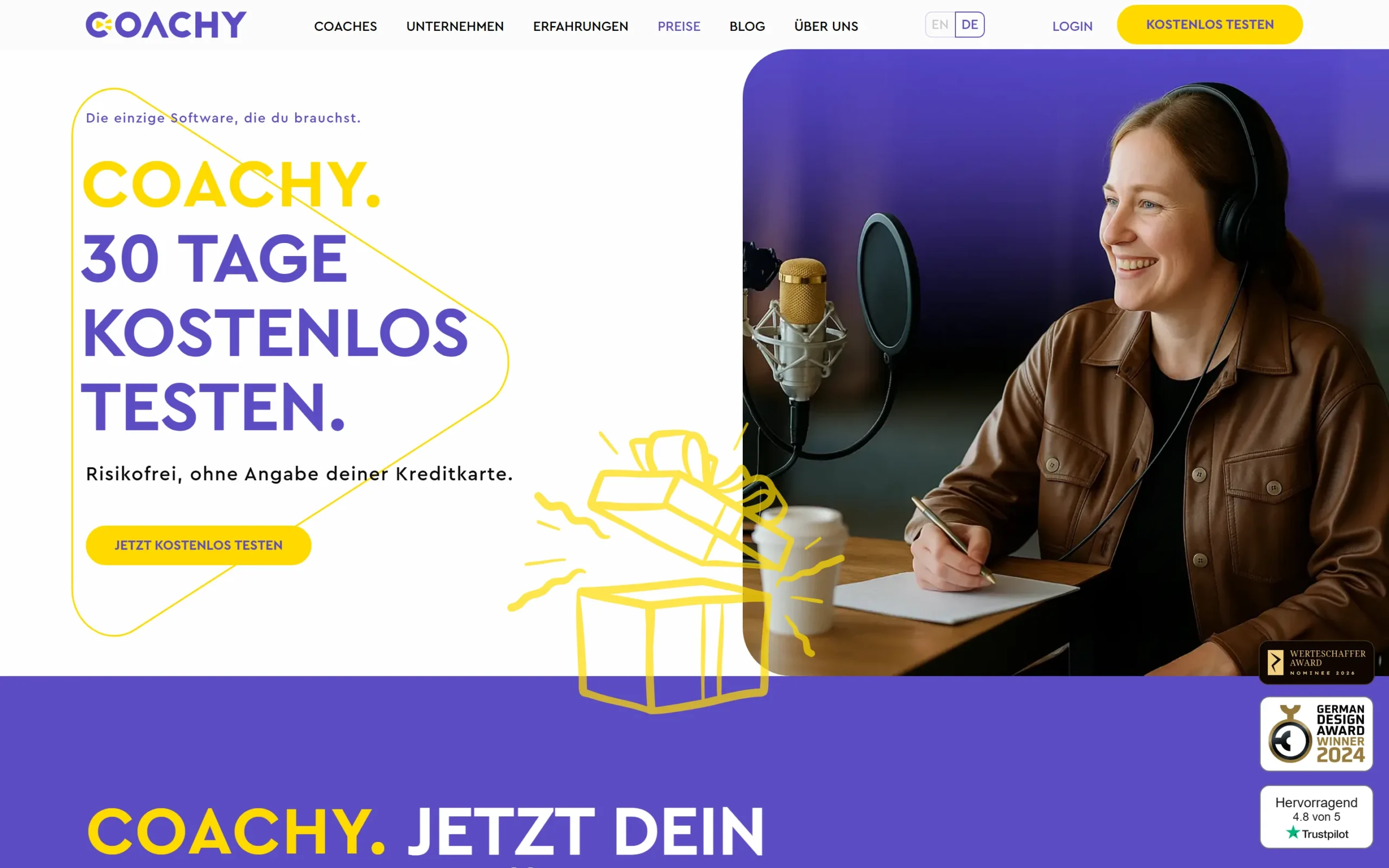 Coachy Preise 2026 – Übersicht der Tarife Premium (35 €/Monat), Deluxe (65 €/Monat) und Enterprise (195 €/Monat) im Vergleich