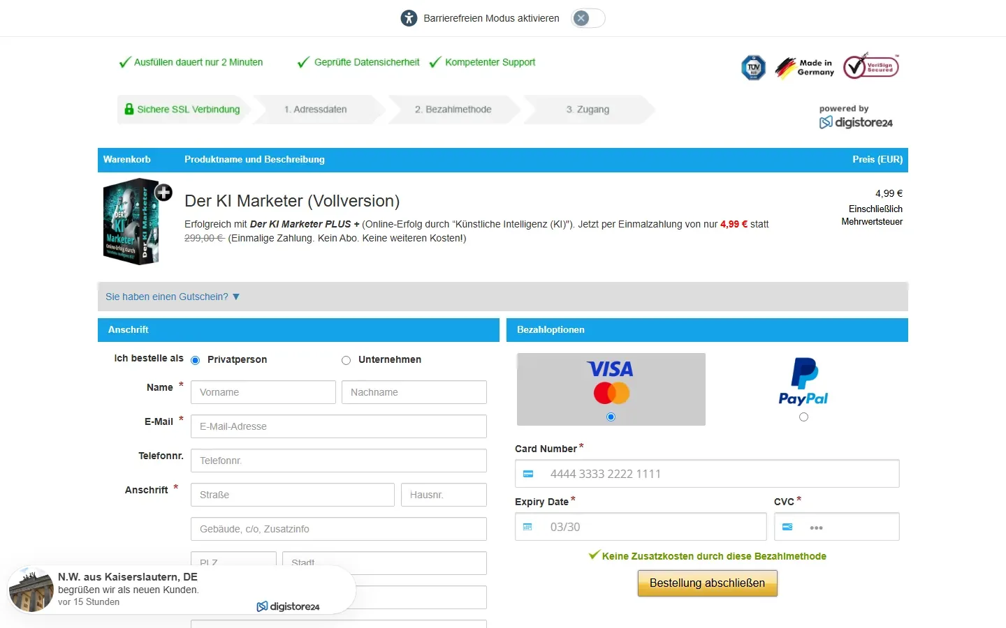 Der KI Marketer Plus+ – Digistore24 Checkout-Seite
