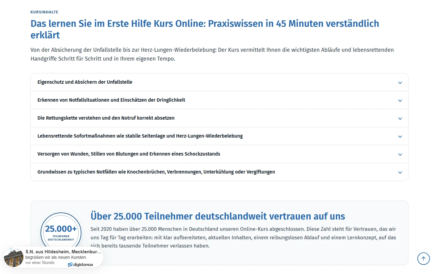 Screenshot Kursinhalt-Bereich der Lernakademie Plus Website