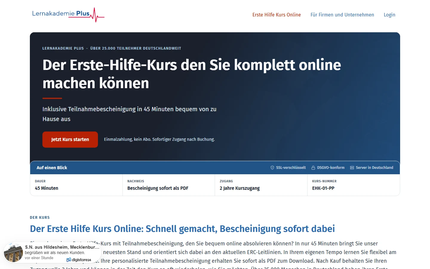 Screenshot der Homepage von erste-hilfe-kurs-online.de