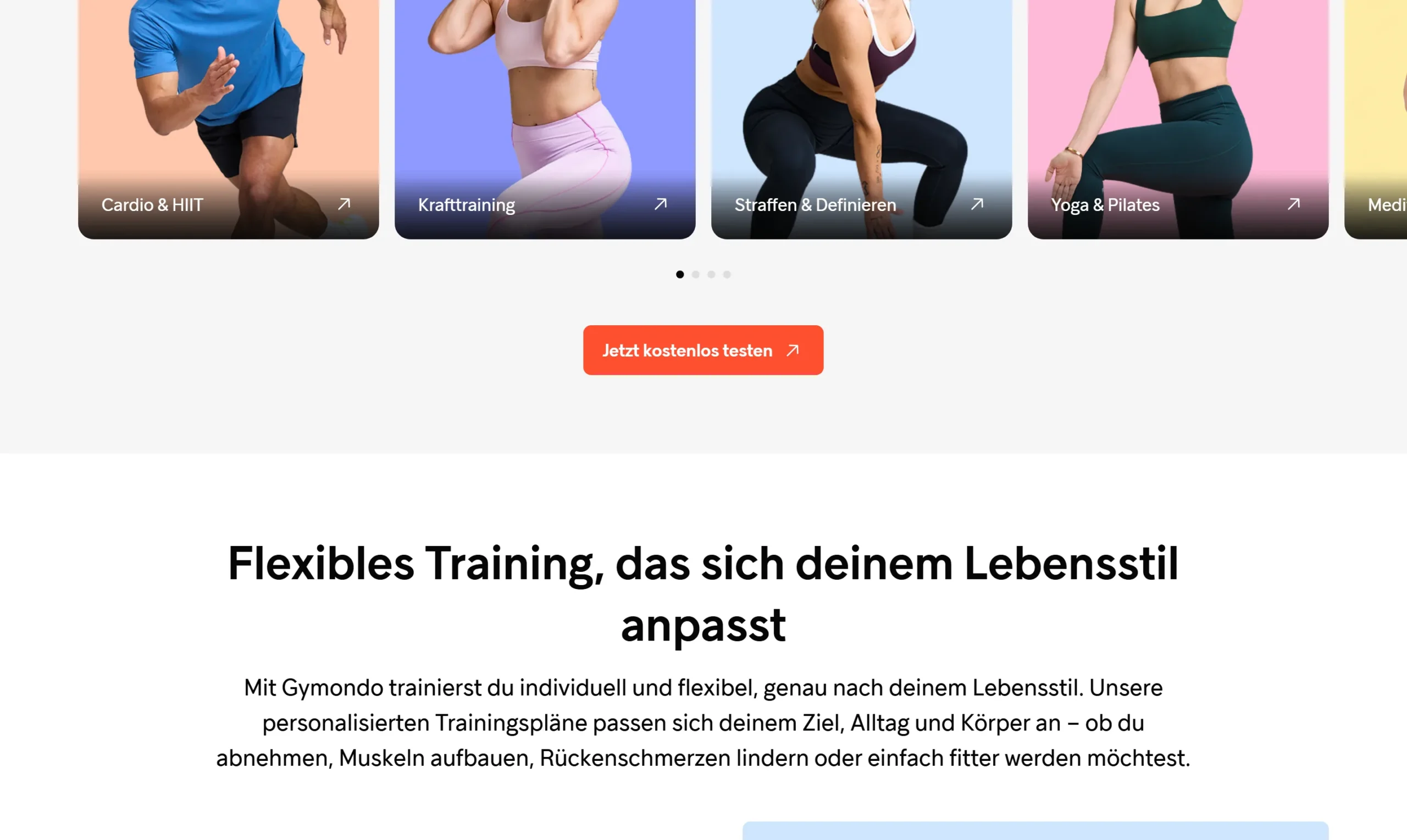Gymondo Kategorie-Kacheln Cardio Krafttraining Yoga Pilates