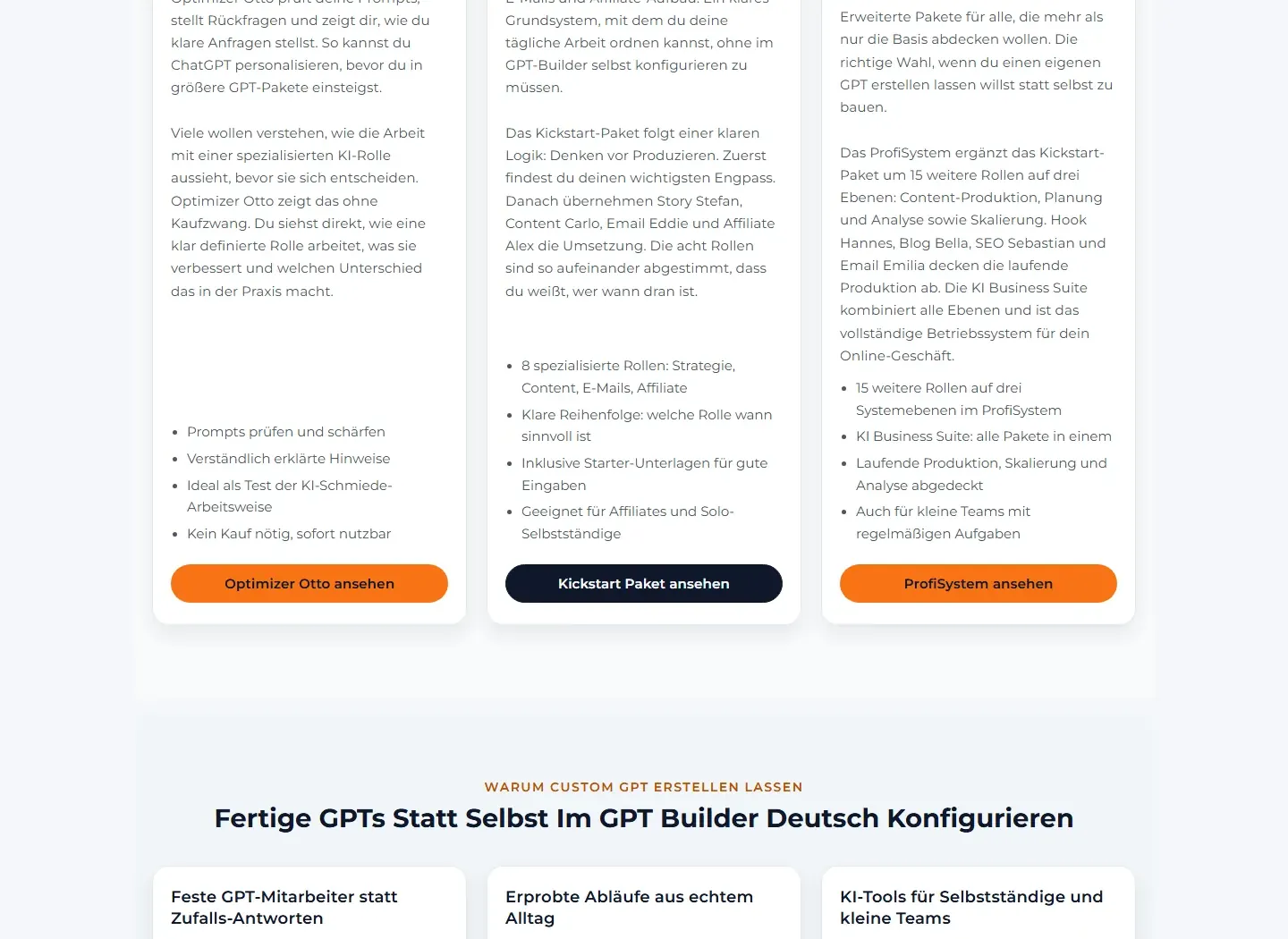 Screenshot der Paketbeschreibung: Kickstart-Paket, ProfiSystem und KI Business Suite im Vergleich