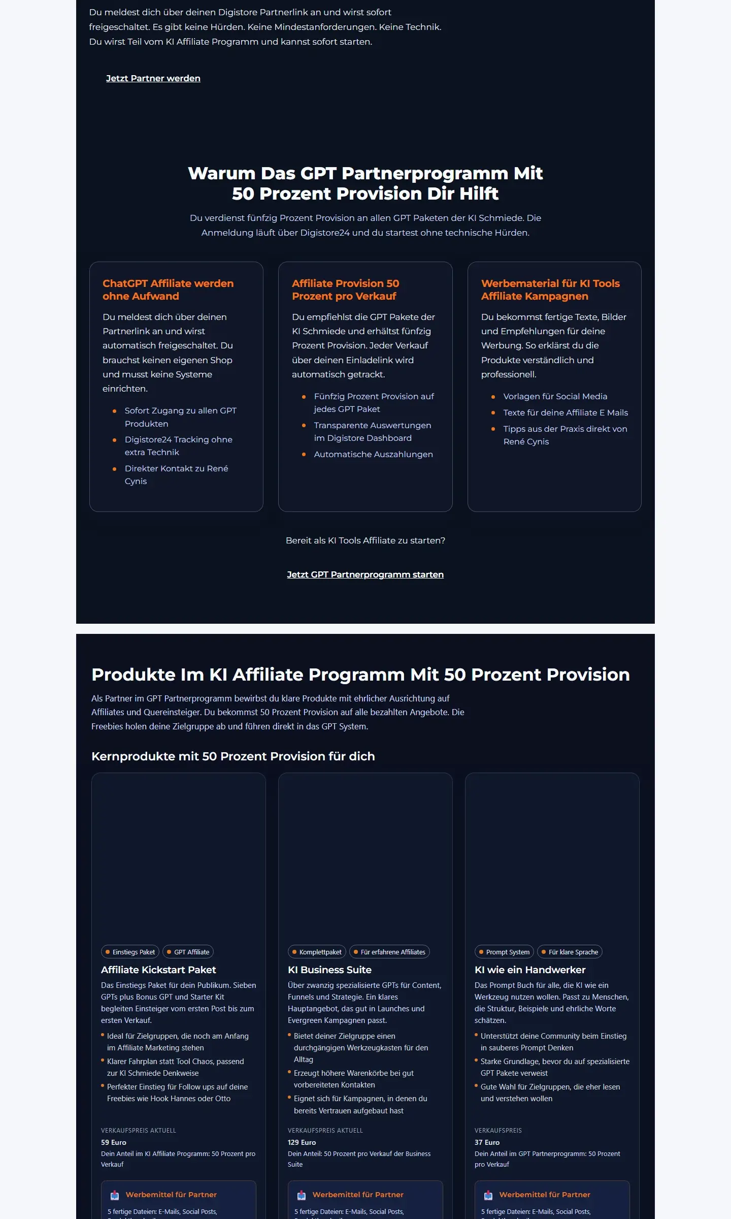 Screenshot der Preistabelle: Affiliate Kickstart Paket 59 Euro, KI Business Suite 129 Euro, KI wie ein Handwerker 37 Euro
