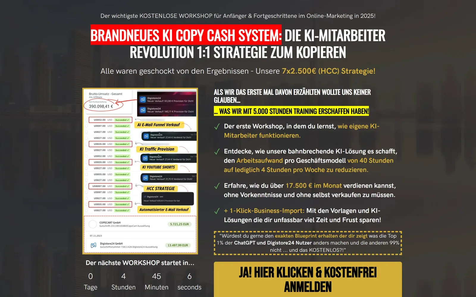 Startseite des KI Copy Cash System Funnels von AI-Mazing mit Countdown-Timer und Umsatz-Screenshots