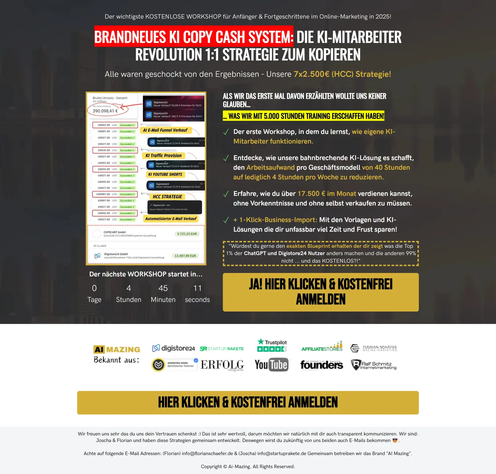Vollständige Anmeldeseite des KI Copy Cash System Funnels mit Vertrauens-Logoleiste und Impressum-Hinweis im Footer