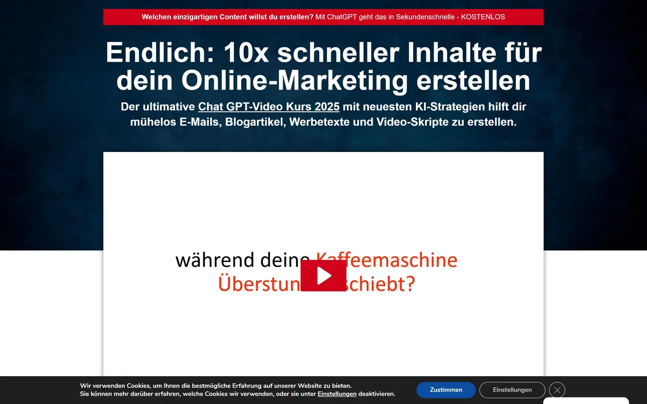 Startseite von KI-Kickstart für ChatGPT von Tom Brigl mit Verkaufsversprechen 10x schneller Inhalte erstellen