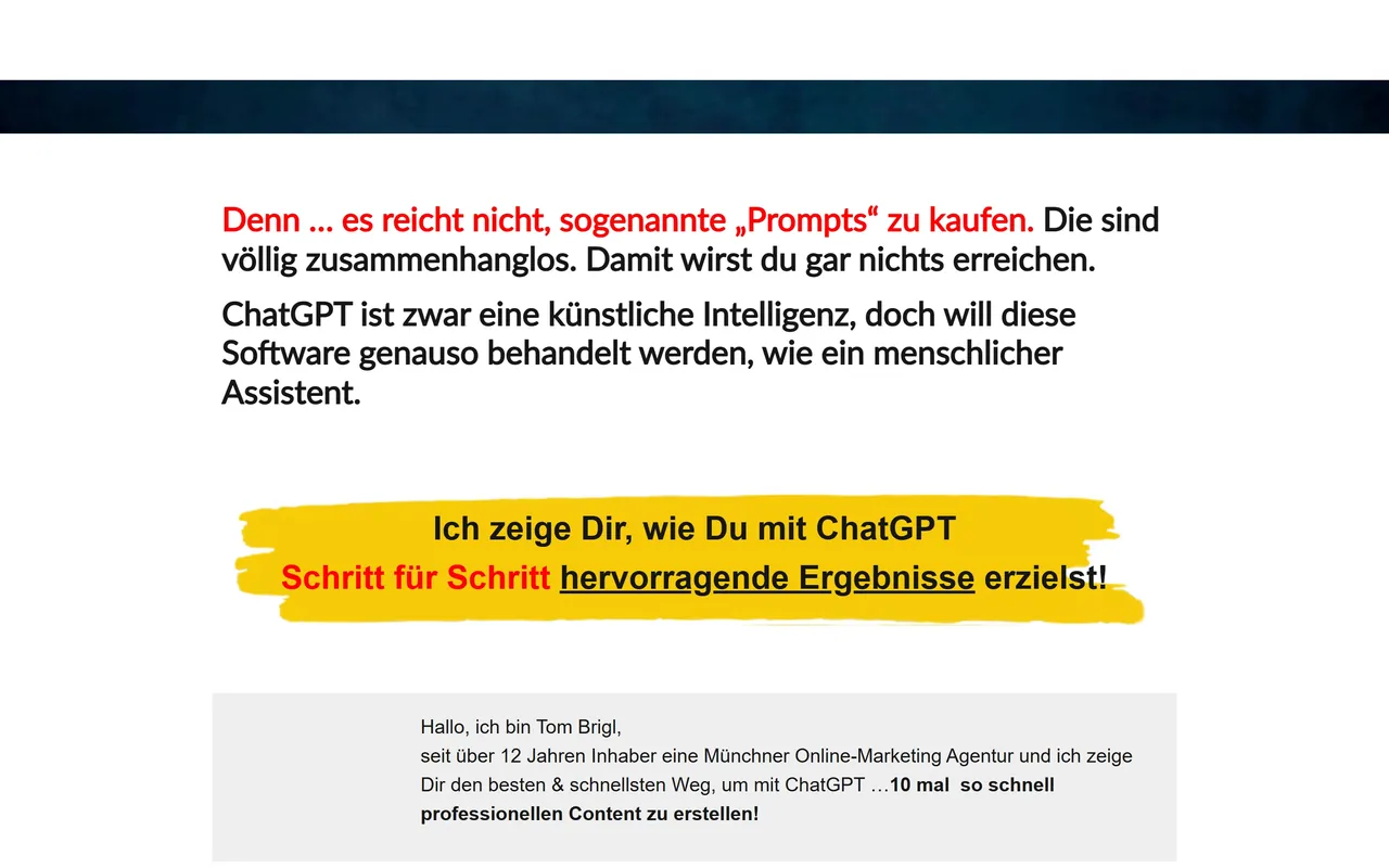 Ausschnitt der KI-Kickstart Verkaufsseite mit Selbstvorstellung von Tom Brigl