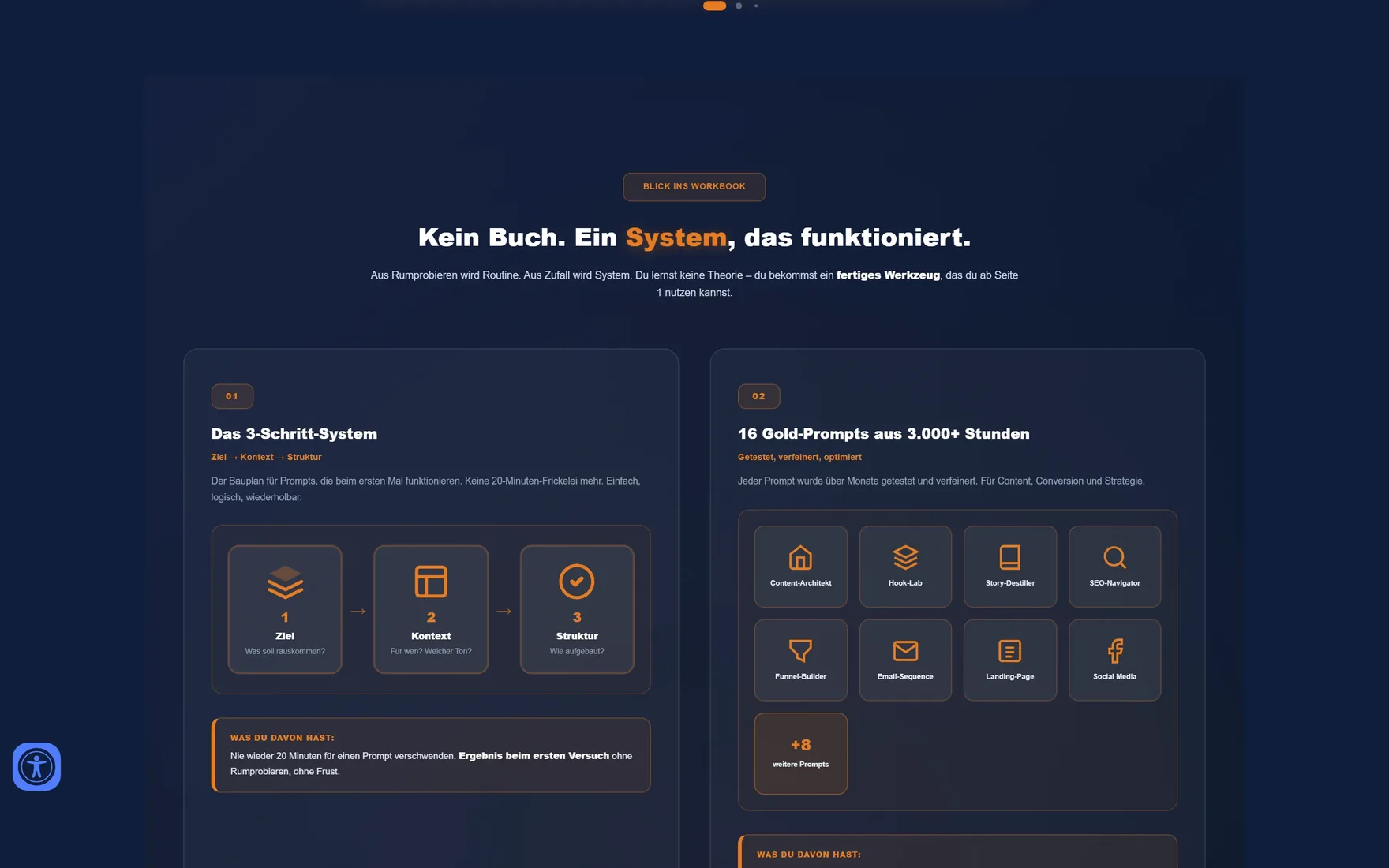 Screenshot der 16 Gold-Prompts Kategorien: Content-Architekt, Hook-Lab, SEO-Navigator und weitere
