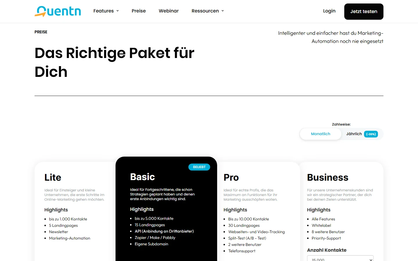 Quentn Preise 2026 – Übersicht aller Tarife von Lite bis Business