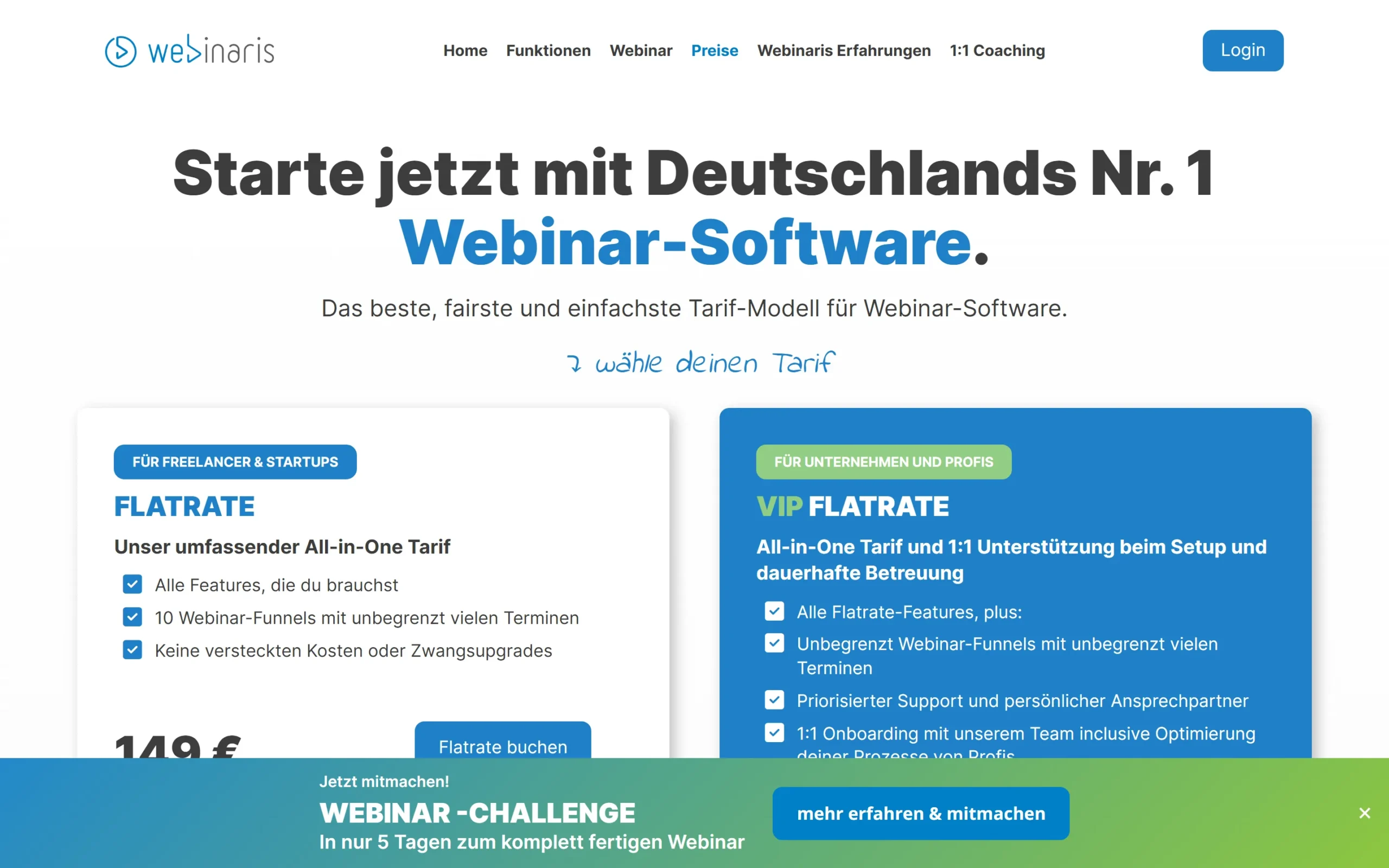 Webinaris Preise 2026 – FLATRATE 99 Euro und VIP FLATRATE 199 Euro pro Monat