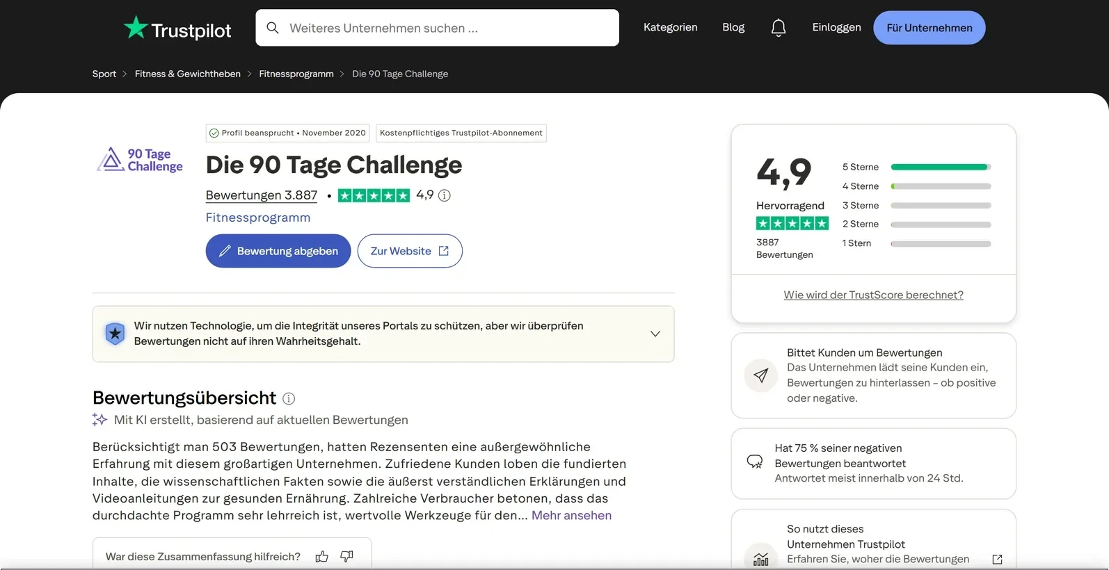 Screenshot der Trustpilot-Bewertungsübersicht: 4,9 von 5 Sternen bei 3.887 Bewertungen für Die 90 Tage Challenge