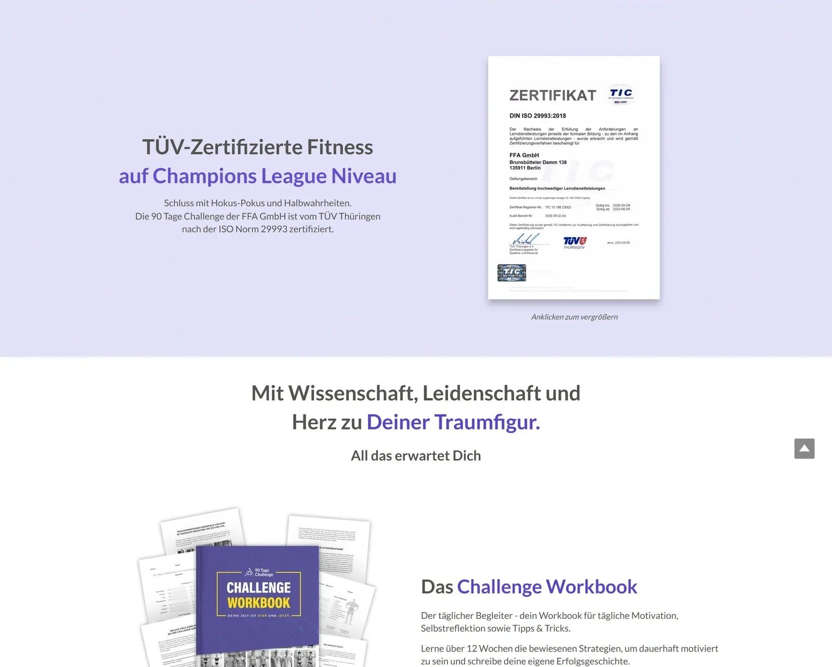 Screenshot des TÜV-Zertifikats DIN ISO 29993:2018 für die FFA GmbH auf der 90-Tage-Challenge-Seite