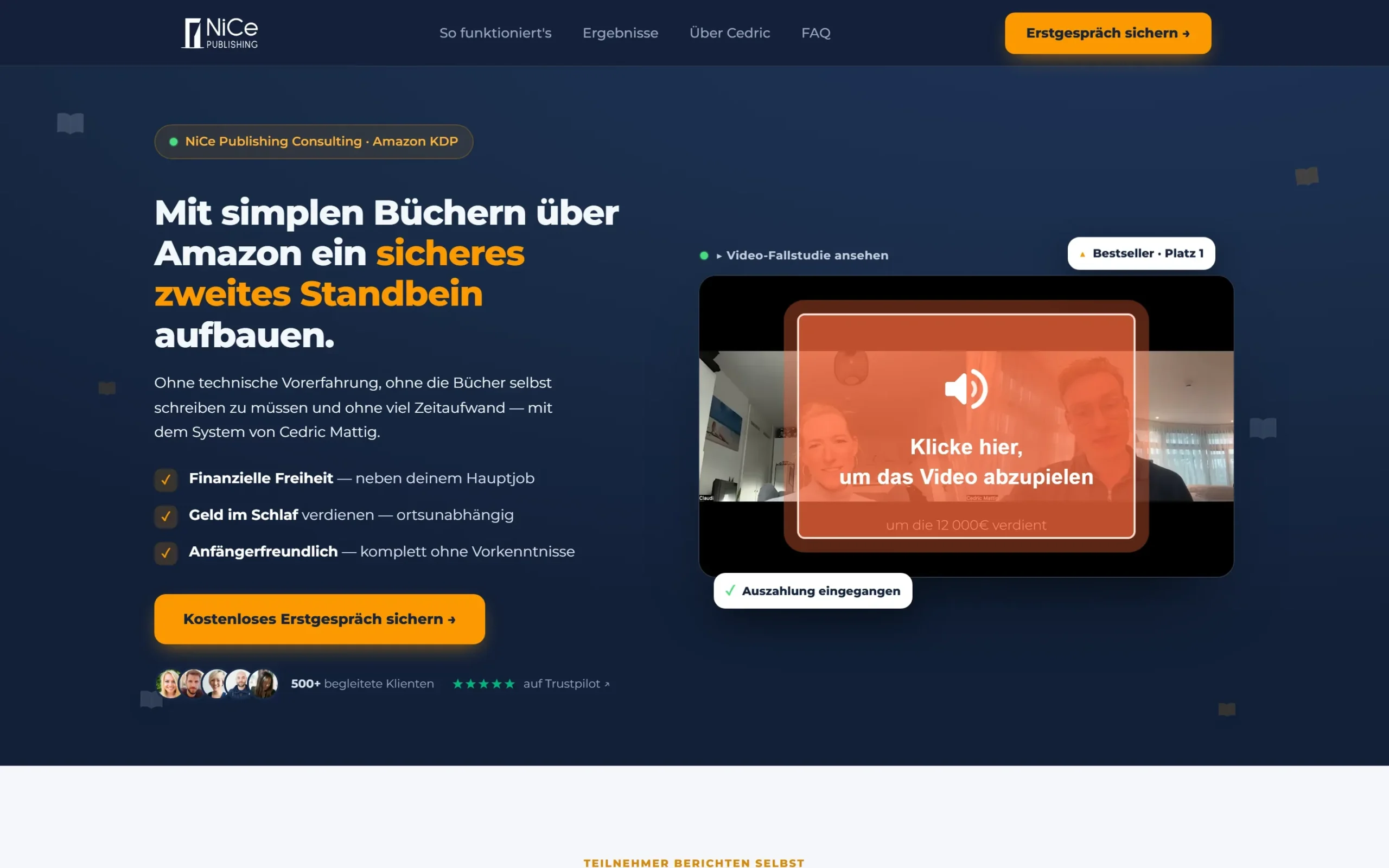 Startseite von NiCe Publishing mit Hero-Bereich, Video-Testimonial und Trustpilot-Bewertung