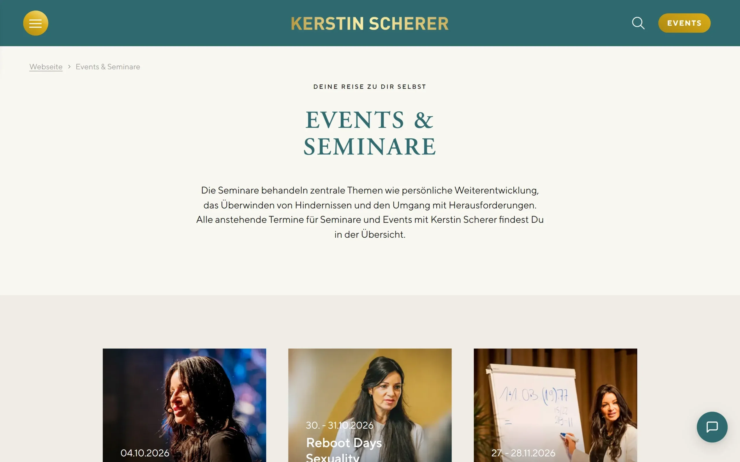 Kerstin Scherer Seminare und Events: Screenshot der Terminübersicht mit Reboot Days und Numerologie-Seminar