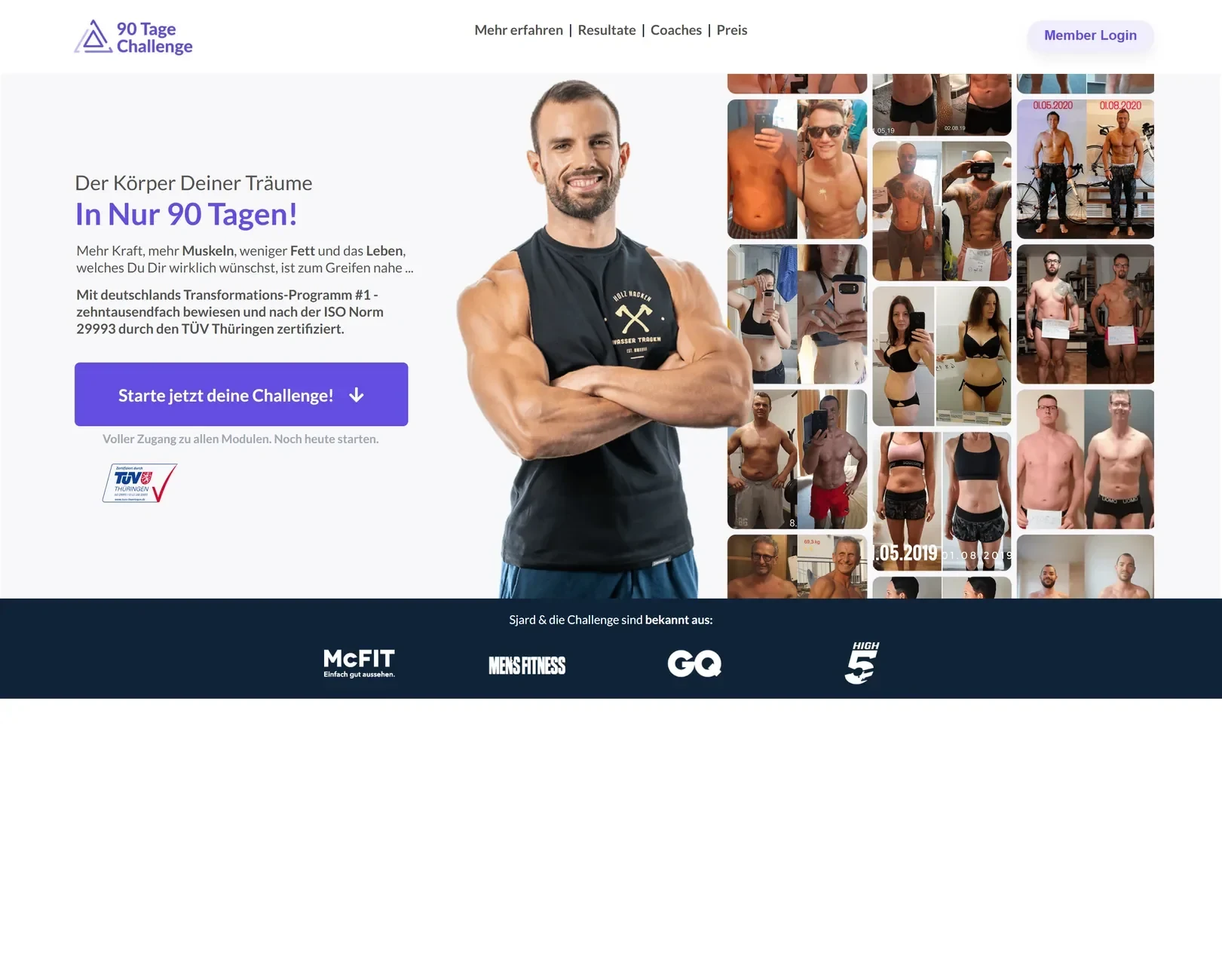 Sjard Roscher Erfahrungen: Screenshot der Startseite von 90tage.de mit Vorher-Nachher-Collage der Teilnehmer