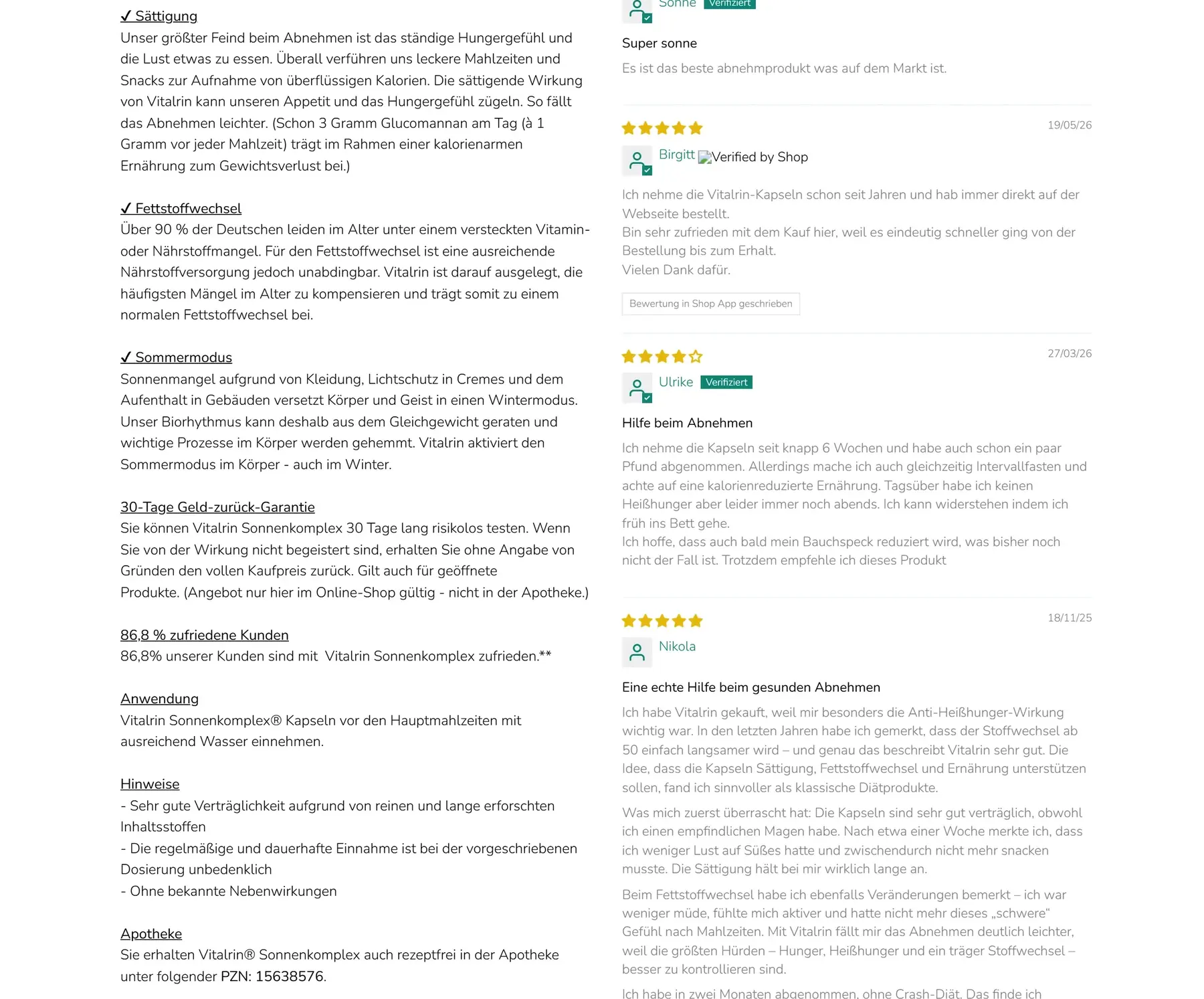Echte Kundenbewertungen zu Vitalrin Sonnenkomplex auf vitalrin.de mit Datum und Sternebewertung