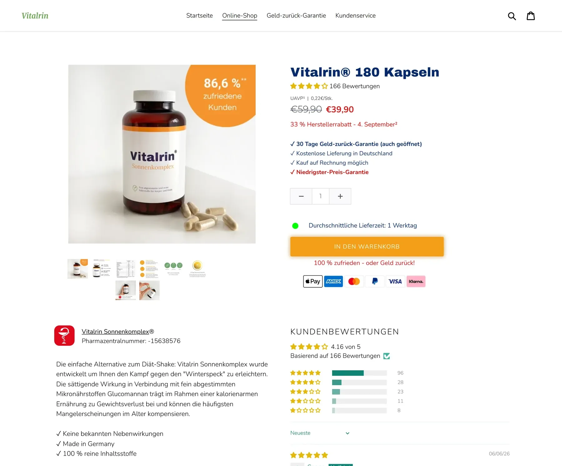 Vitalrin Sonnenkomplex Produktseite mit Preis und Kundenbewertungen im offiziellen Shop